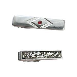 Vintage Estate Swank Silver Tone Tie Clip With Red Rhinestone Accent Set Of 2